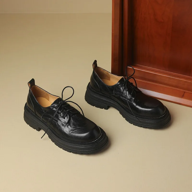 

Top layer sheepskin single shoes for women's versatile spring and autumn with lace up small leather shoes and thick soled shoes