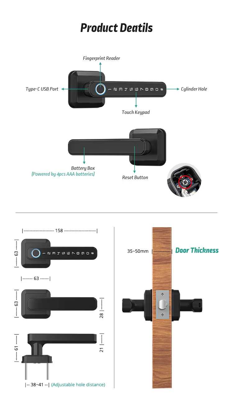 Tuya Fingerprint Digital Biometric Lock Wireless Bluetooth Password Smart Keyless Electronic Handle Door Lock Single Latch