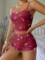 Sleepwear Women's Summer Pajama Set Heart Print Sexy Ribbed Bow Decor Round Neck Backless Crop Cami Top & Shorts Nightwear - Image 3