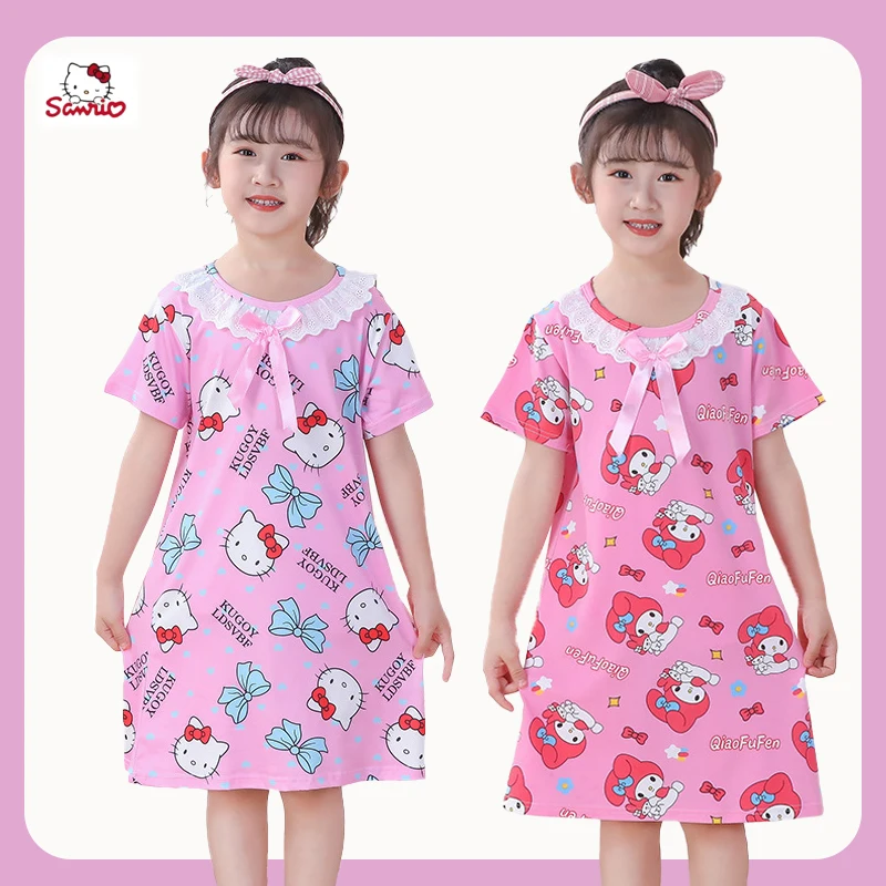 

Kawaii Cartoon Sanrio Hello Kitty My Melody Summer Children Nightgown Anime Kuromi Cinnamoroll Girl Short-sleeved Dress Homewear