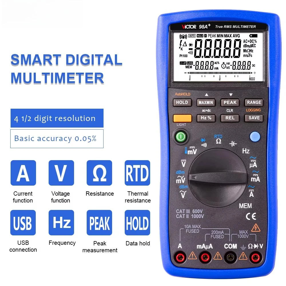 Victor VC98A+ 휴대용 스마트 디지털 멀티미터 LCD 백라이트 휴대용 AC/DC 전류계 전압계 옴 전압 테스터 미터