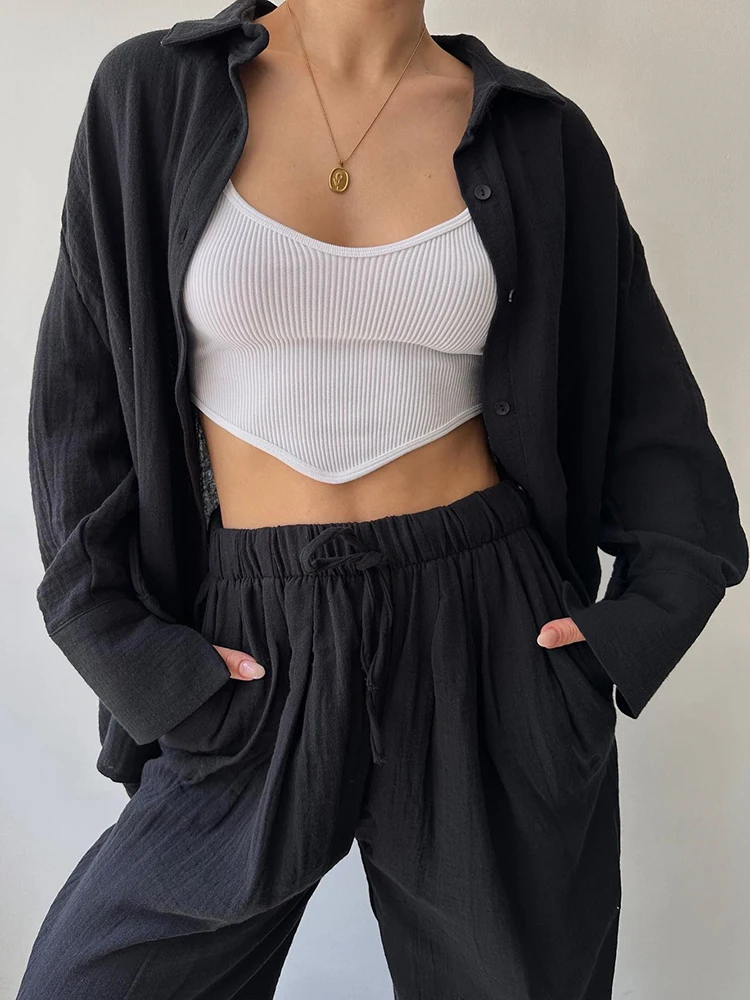

Lazy Women's Tracksuit with Harem Pants 2024 Spring Soft Button Up Shirt Two Piece Set for Women Home Set Trouser Suit Outfits
