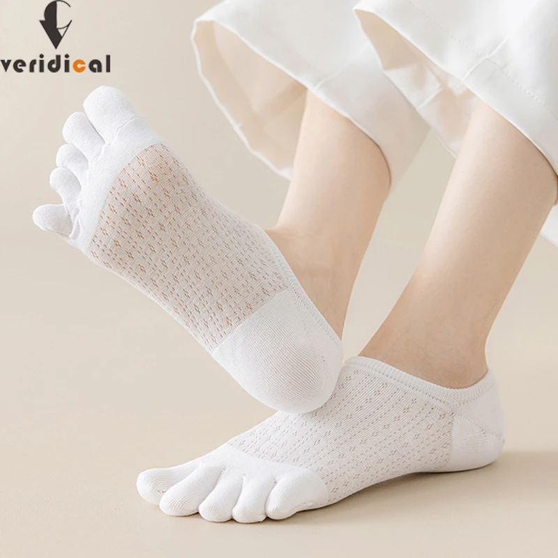 

5 Pairs Thin Toe Socks Summer Women Girl Cotton Solid Mesh Breathable Cool Casual Shallow Mouth No Show Invisible 5 Finger Socks
