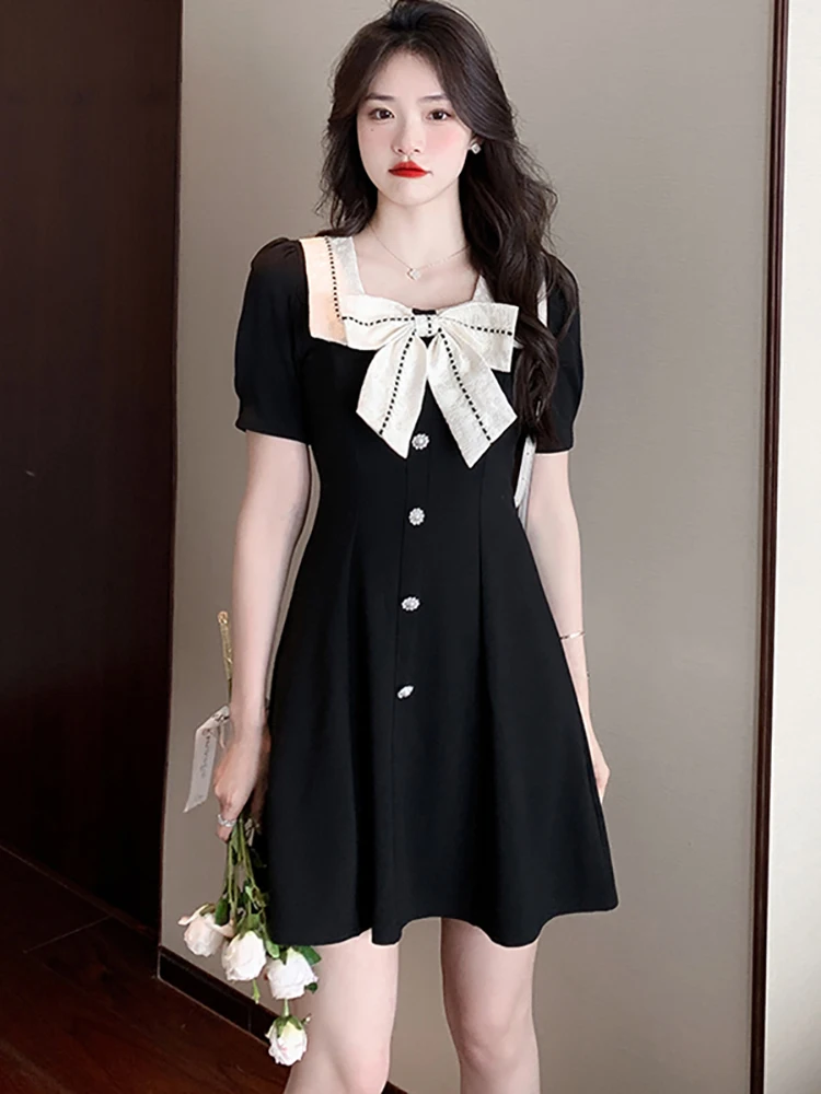 

Женское винтажное мини-платье с коротким рукавом, элегантное облегающее черное платье в стиле Хепберн с квадратным вырезом и бантом, весна-лето 2024