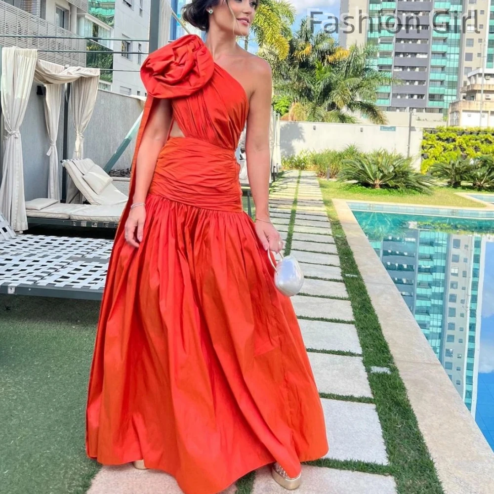 

Elegant Red One Shoulder Evening Dresses Long A Line Robe de soiré Taffeta Prom Party Dress Vestido de noite with Flower 2023