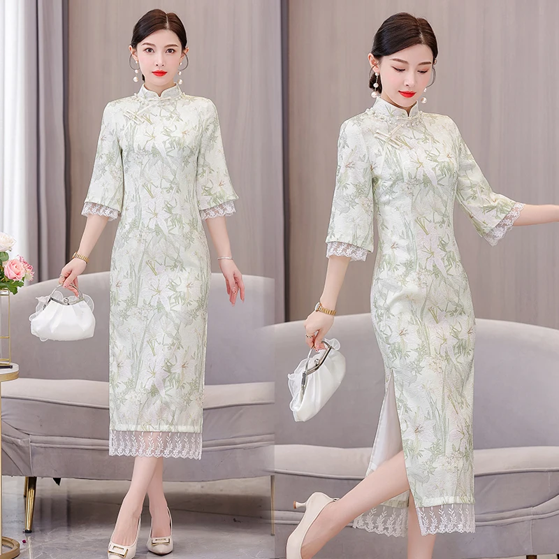 

2023 spring new small cheongsam green Chinese style improved young girl small fresh dress
