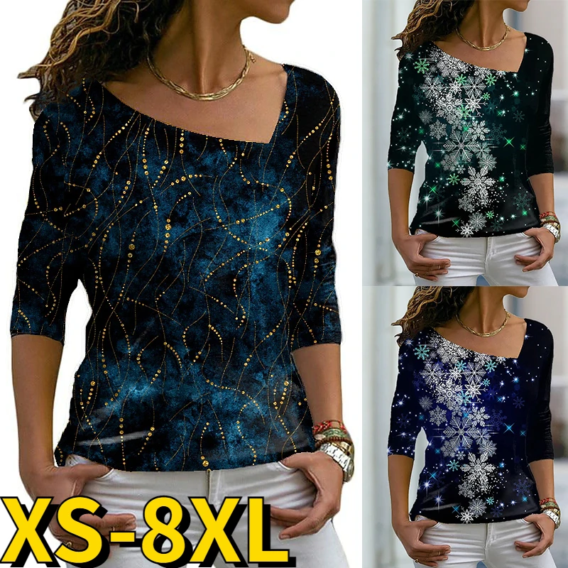 

2022 Vintage T-shirt Snowflake Print Top Autumn Winter Sexy Long Sleeve V-neck Pullover Women's Everyday Street Loose Size Tops
