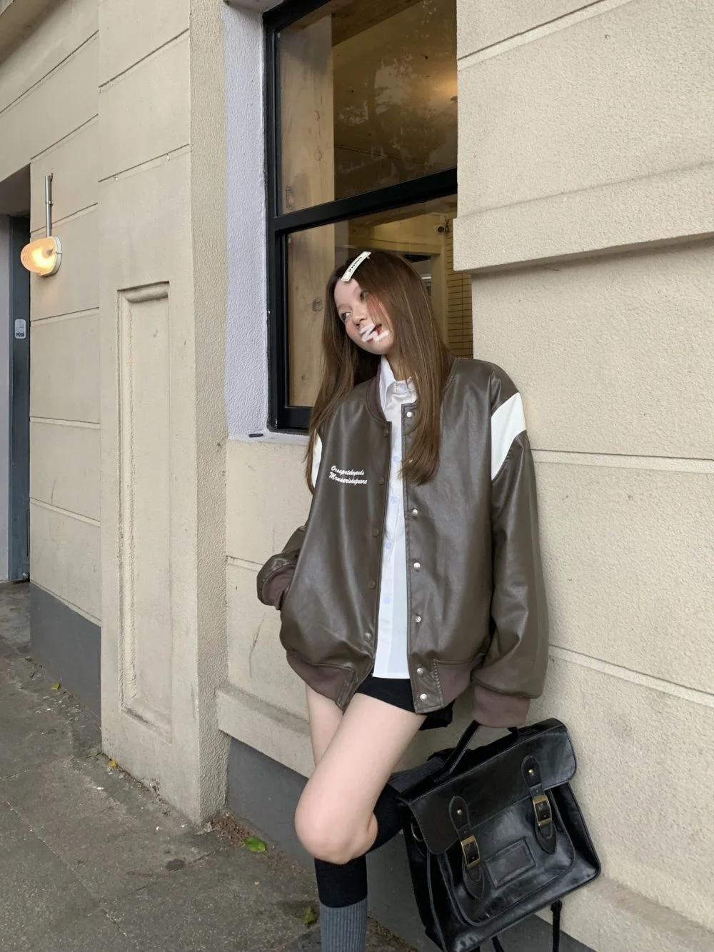 American Contrast Baseball Jacket Long Sleeve Leather Bomber Coat Women's Autumn 2023 New Loose Print Jacket Coat
