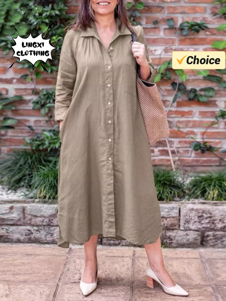 

2024 Summer New Solid Color Cotton and Hemp Long Skirt Shirt Collar Long Sleeve Elegant Casual Loose Cardigan Long Pocket Dress