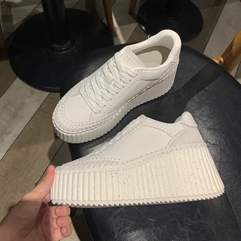 8CM New Women's Biscuit Shoes Lace-up Comfortable Shoes Fashion Outdoor Multifunctional Sports Shoes, toe layer cowhide shoes