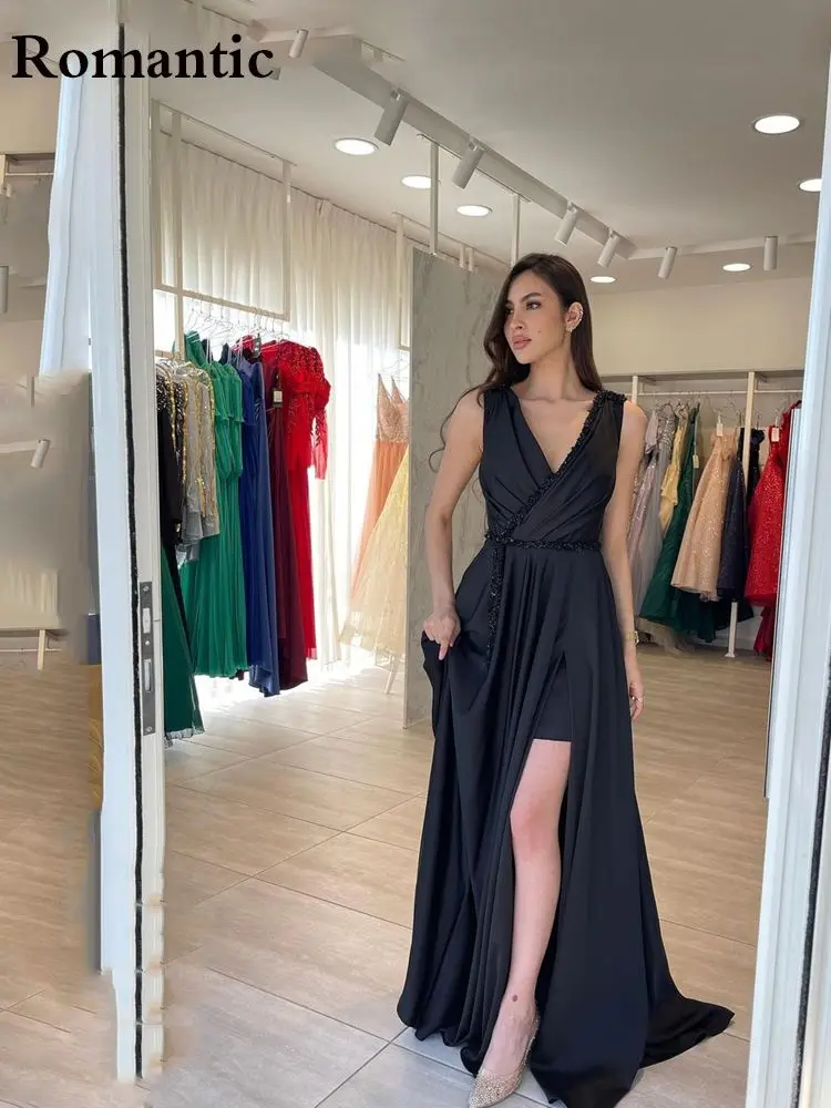 

Romantic Asymmetrical Evening Dresses Black Chiffon Ellegant V Neck Sleeveless High Hilt Floor Length Prom Gown Party Dress 2022