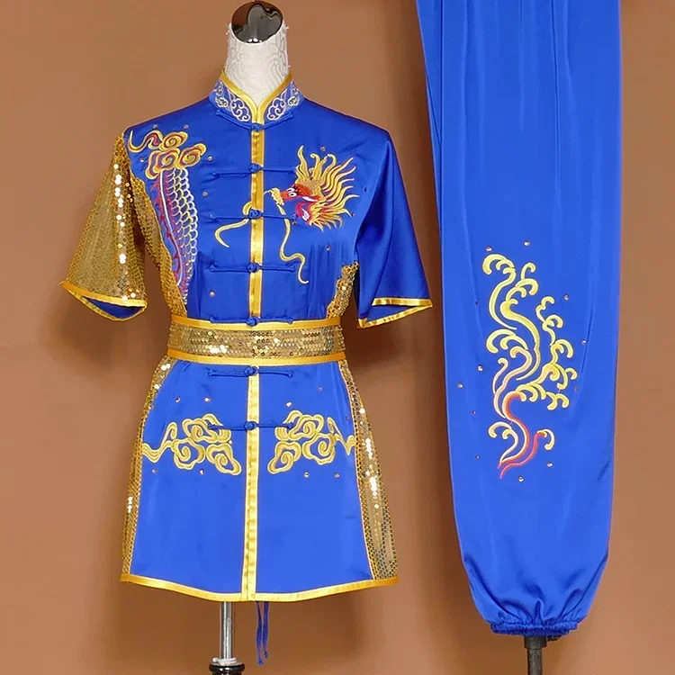 

Индивидуальный пошив, длинный кунг-фу и боевые искусства тайчи, униформа для соревнований, вышитая синяя одежда дракона