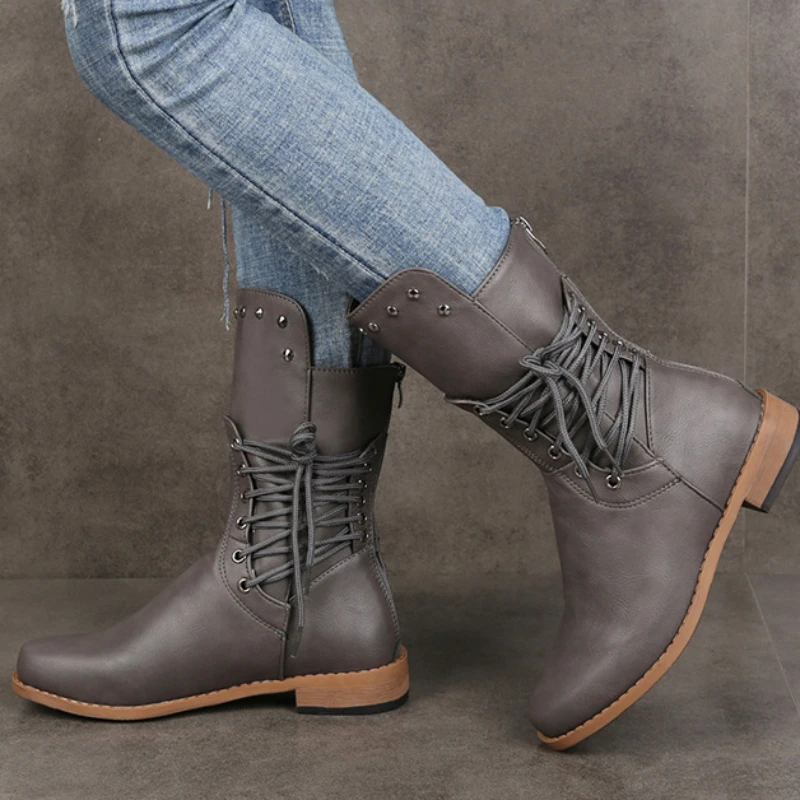 

Women Autumn WinterVintage Ankle Boots British Style Punk Rivet Lace Up Round Toe Platform Mid-calf Boots Zipper Casual Boots