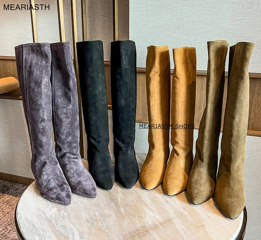 

Knee- High Boots Lady Slip On Simple Pleated Stretch Suede Winter Botas Big Circumference Spring Autumn Woman Boots Large Size 4