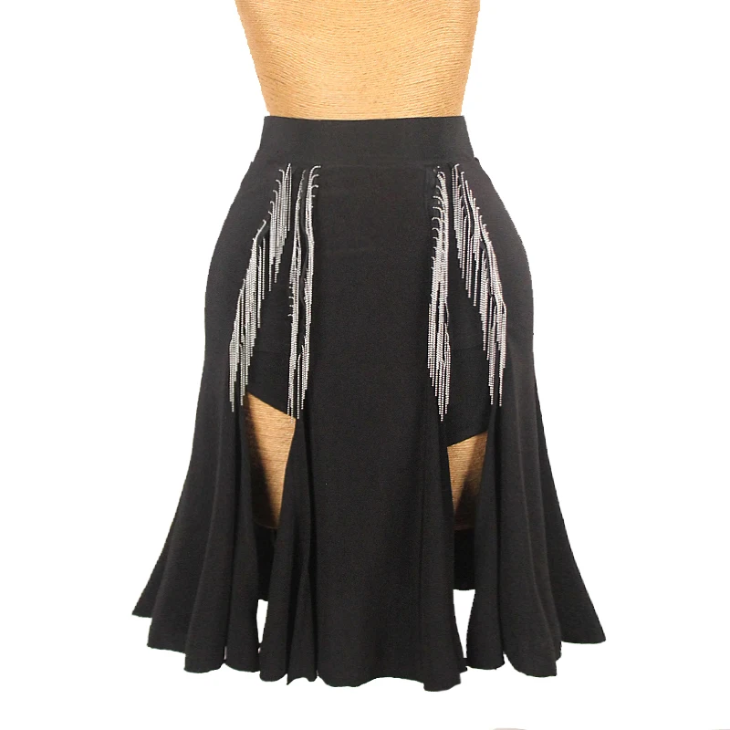 

New Latin Dance Skirt Women Sexy Split Black Skirt Adult Practice Clothes Rumba Cha Cha Tango Dance Costume Fringe Skirt NV18833