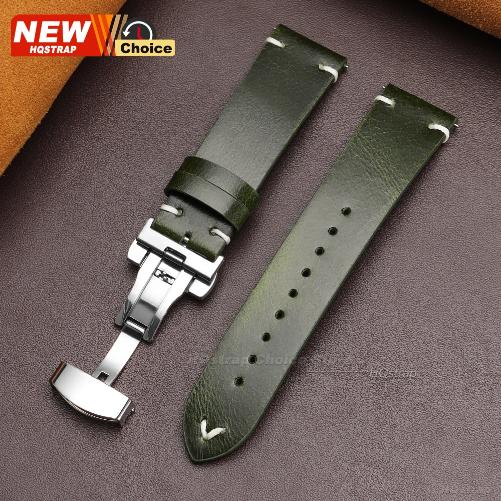 Handcrafted Retro Oil Wax Leather Watch Strap with Butterfly Buckle & Quick Release