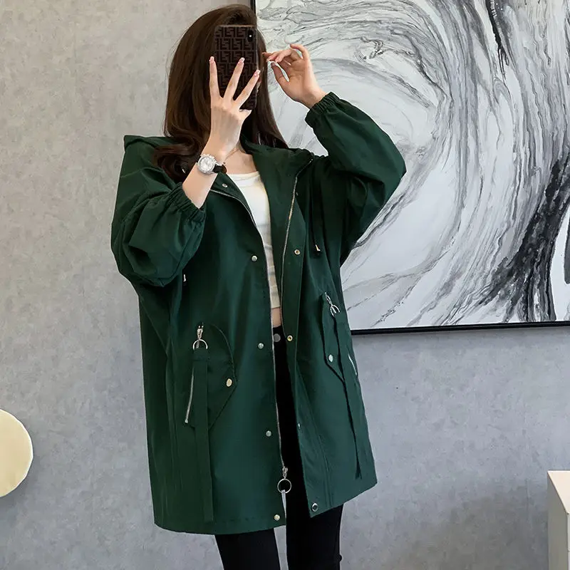 

2023 Spring Autumn Windbreaker Women's Medium Long Fashion Korean Version Large Size Temperament Coat Casual Hooded Jacket T1930