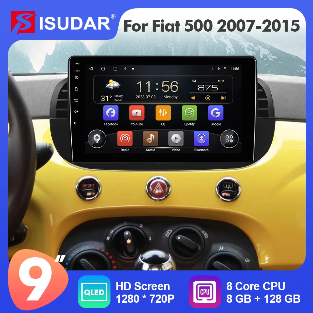 9 Pollici Isudar Android 12 Autoradio Per Fiat 500 2007-2015 Carplay Auto Multimedia Player Stereo Gps No 2Din