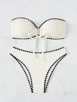 Swimwear White 2 Piece Strapless Swimsuit for Women Sexy Bandeau Backless Bikini Set Lace-up Patchwork Bathing Suit 2025 New