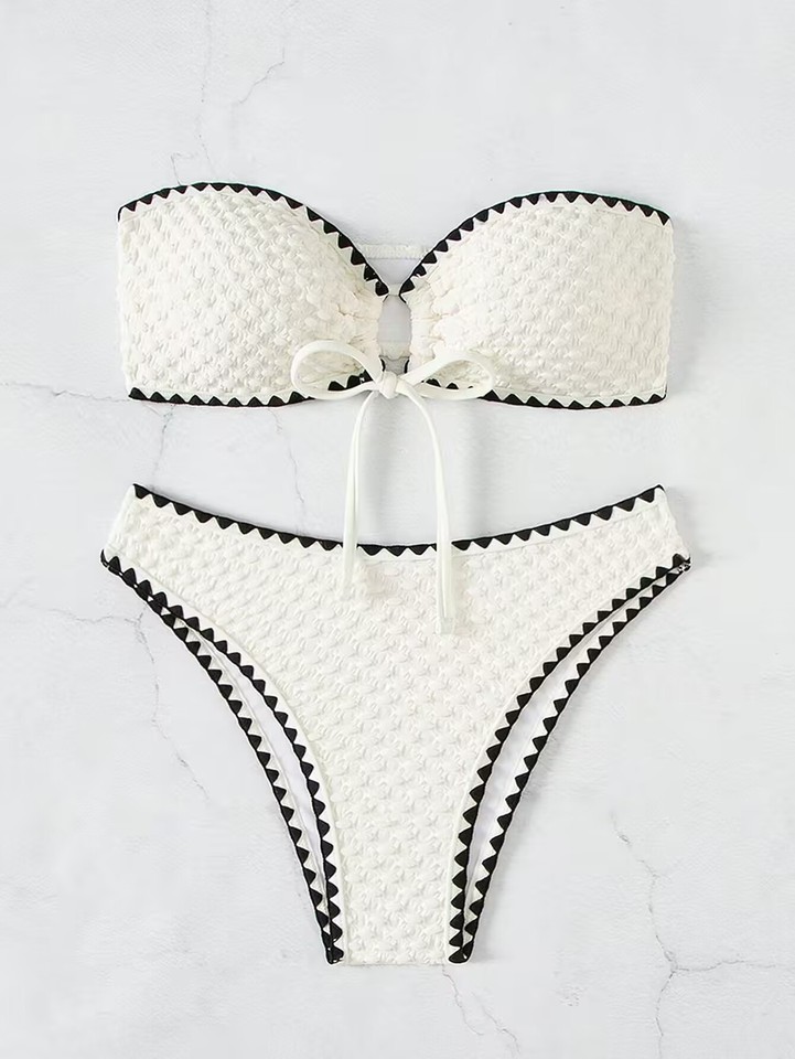 Swimwear White 2 Piece Strapless Swimsuit for Women Sexy Bandeau Backless Bikini Set Lace-up Patchwork Bathing Suit 2025 New
