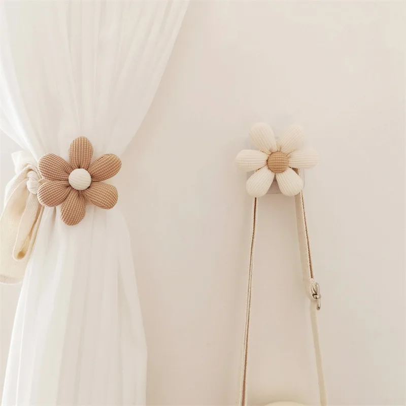 INS Flower Wall Hook Wooden Sticky Hooks Towel Coats Storage Holder Nordic Kids Room Decoration Minimalist Wardrobe Door Decor 2