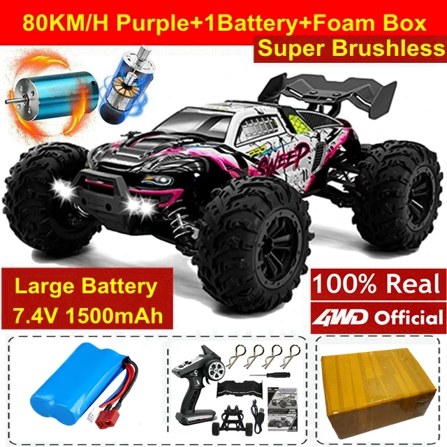 4WD RC Car 4x4 Off Road Drift Racing Cars 50/ 80KM/h Super Brushless High Speed Waterproof Truck Remote Control Toy Kids Adults - 80KM Purple 1Battery