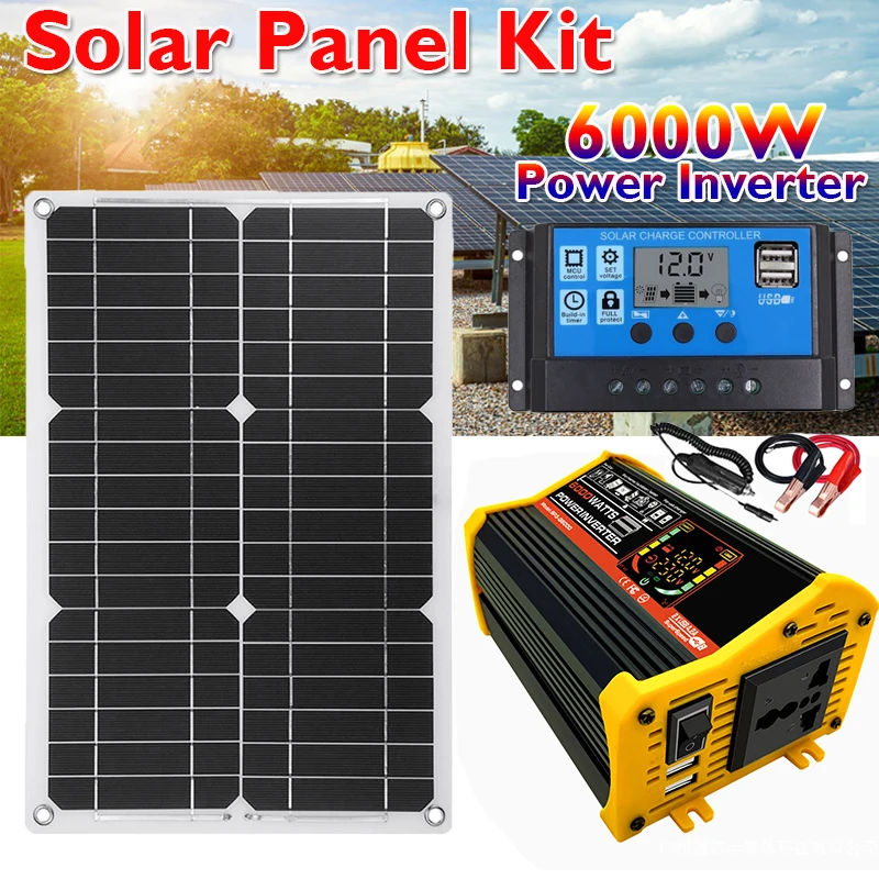 Kit Solaire Système de Production d'Énergie, Onduleur de Puissance 6000W  12V à 110 V, 220V avec Écran LCD Intelligent, Double USB, Régulateur Solaire  30A - AliExpress