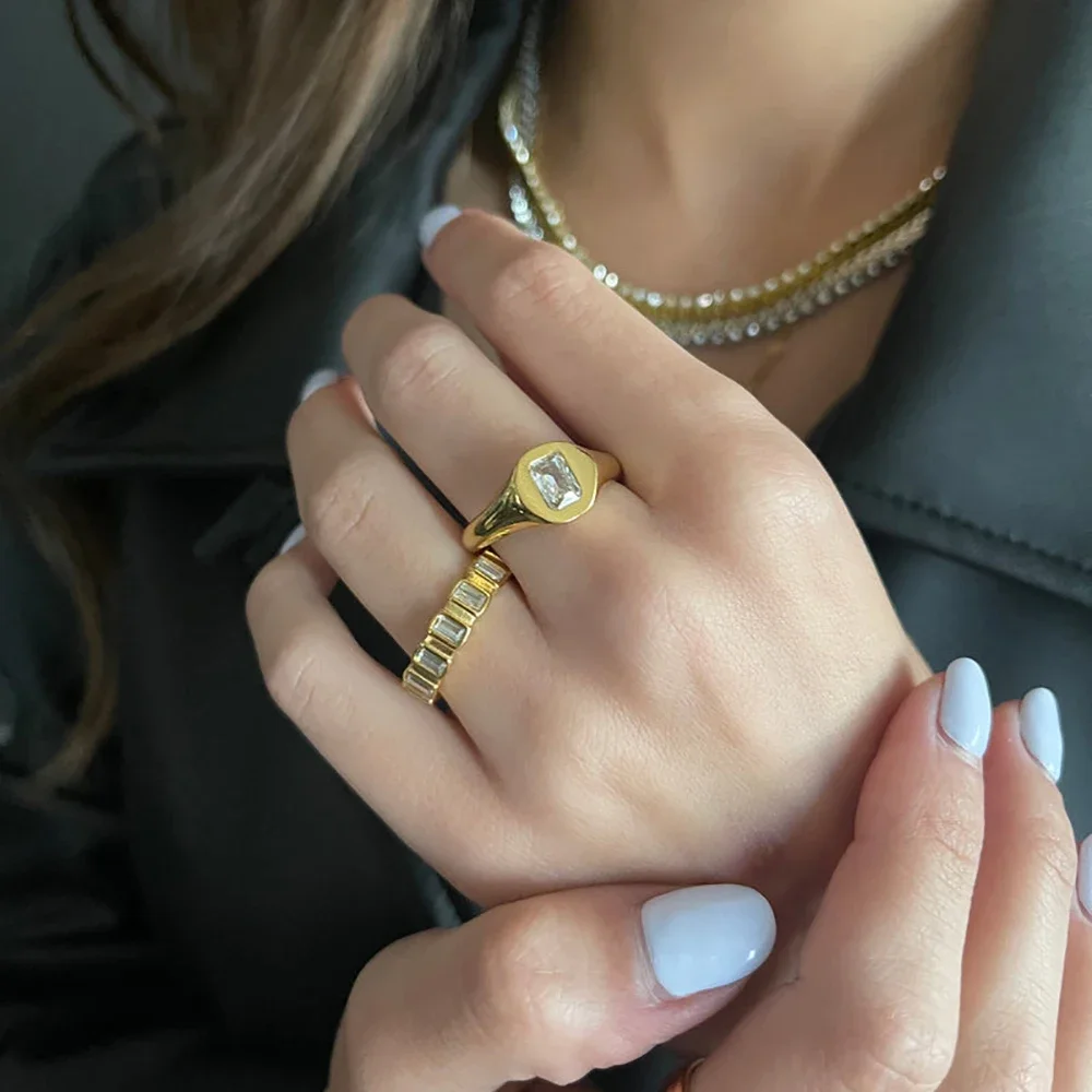 Sparkle Square Crystal Round Circle Engagement Wedding Ring for Women Indie 18K Gold Plated CZ Zircon Rings Jewellery Anillos