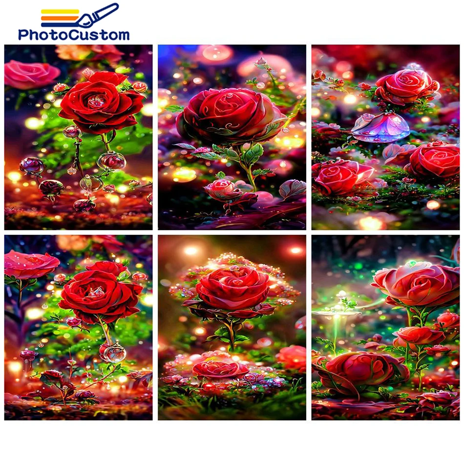 

PhotoCustom 60x75cm DIY Pictures By Number Rose Kits Home Decoration Painting By Number Adults HandPainted Flower Wall Art Gift