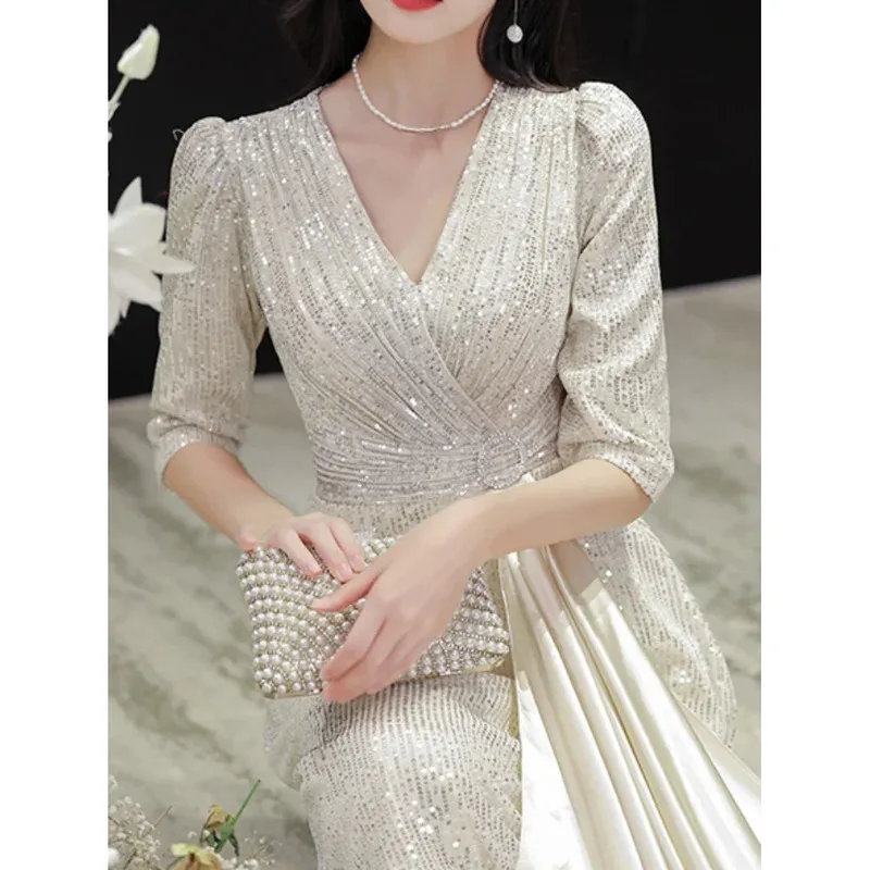 Elegant Half Sleeve Prom evening dress Sexy Belt Slim Waist V-neck Satin Spliced Sequin Ball Gown Sparkles Robe Soire De Mariage