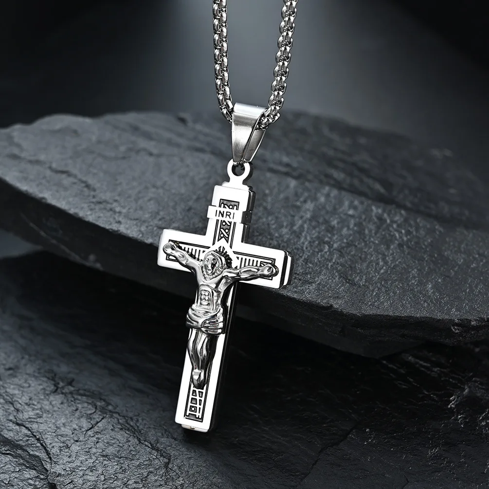 PSJ Jewelry Fashion Stylish High Polished Crucifix Design Pendant Stainless Steel Necklace for Men