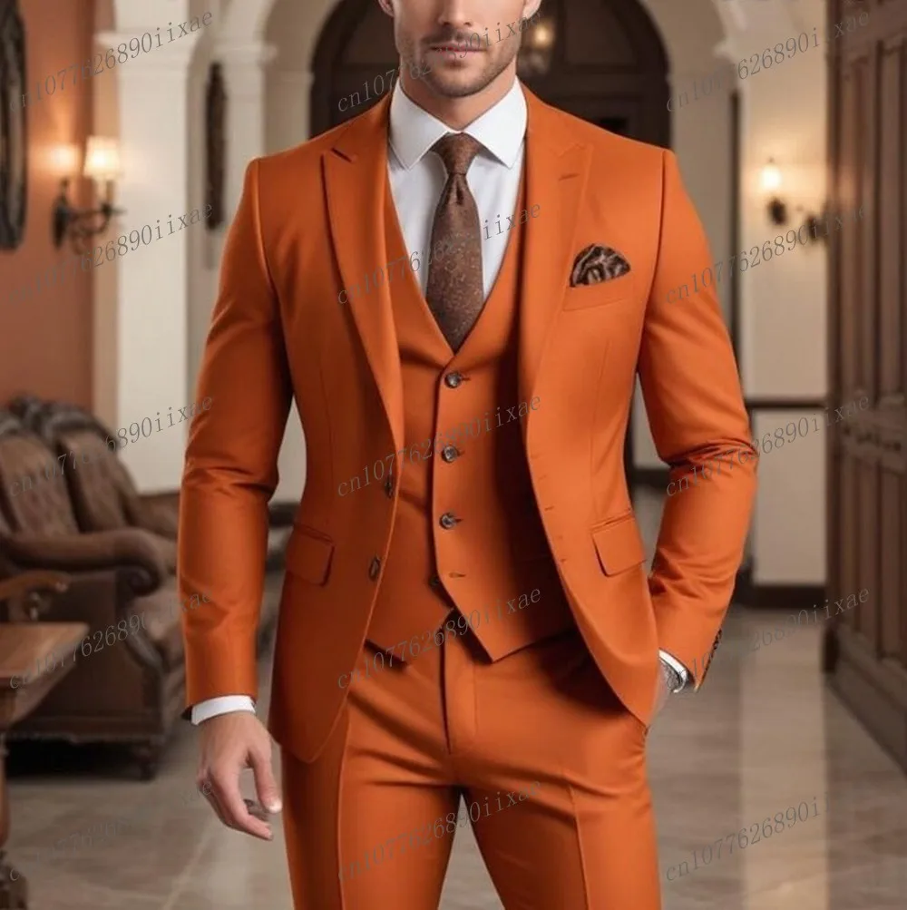 Orange Men Suit Groom Groomsman Wedding Party Prom Business Formal 3 Piece Set Blazer Vest Pants