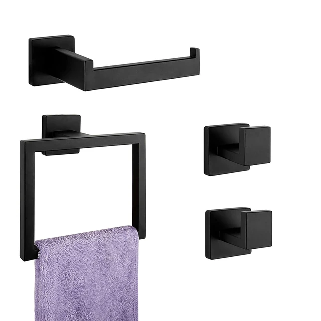 ชุดอุปกรณ์ฮาร์ดแวร์ห้องน้ำ 4 ชิ้น ได้แก่ ห่วงแขวนผ้าเช็ดตัว ที่ใส่กระดาษ ตะขอแขวนผ้า และราวแขวนผ้าติดผนัง (สีดำ) 1