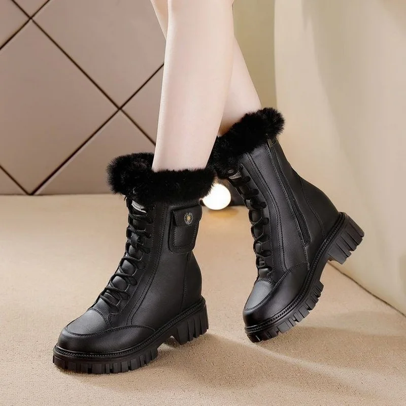 Internal Increase 7CM Women & Girls Snow Boots Winter Warm Female Antiskid Soft Leather Shoes With Thick Plush Size 35-40