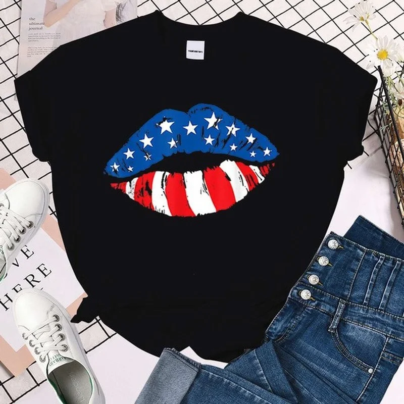 

Colorful Flag Lip Print Women T Shirt Short Sleeve O Neck Loose Women Tshirt Ladies Tee Shirt Tops Camisetas Mujer
