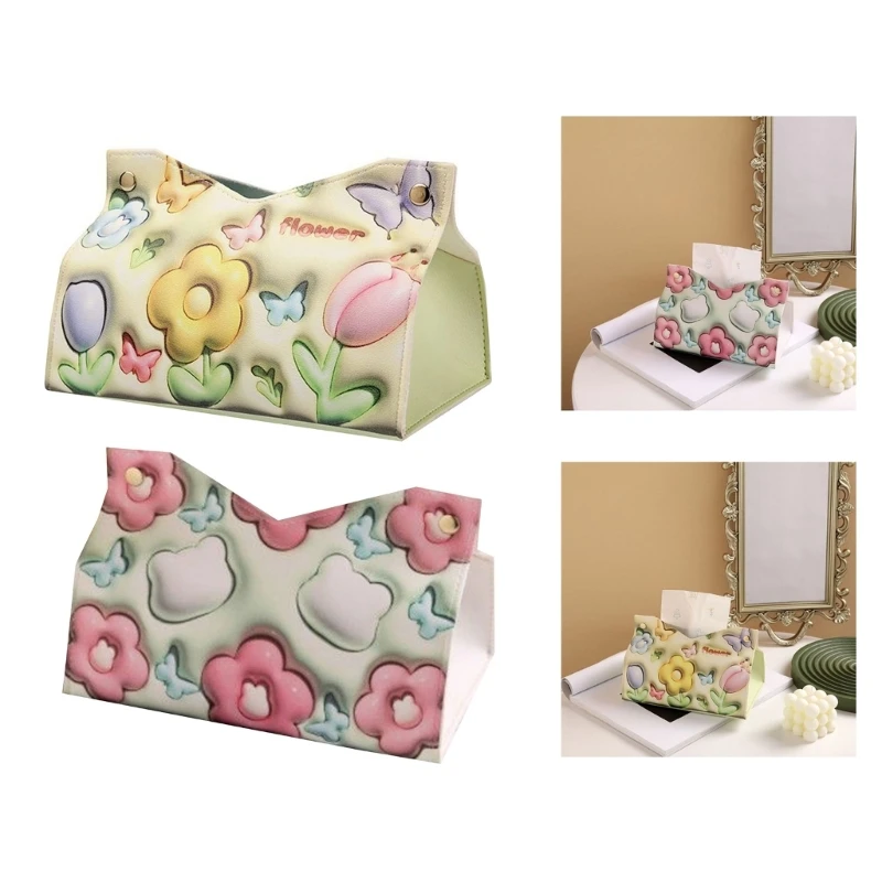 

PU Tissue Box Cover Waterproof Flower Flower Print Tissue Box Paper Towel Dispenser Desktop Paper Holder for Home Drop Shipping
