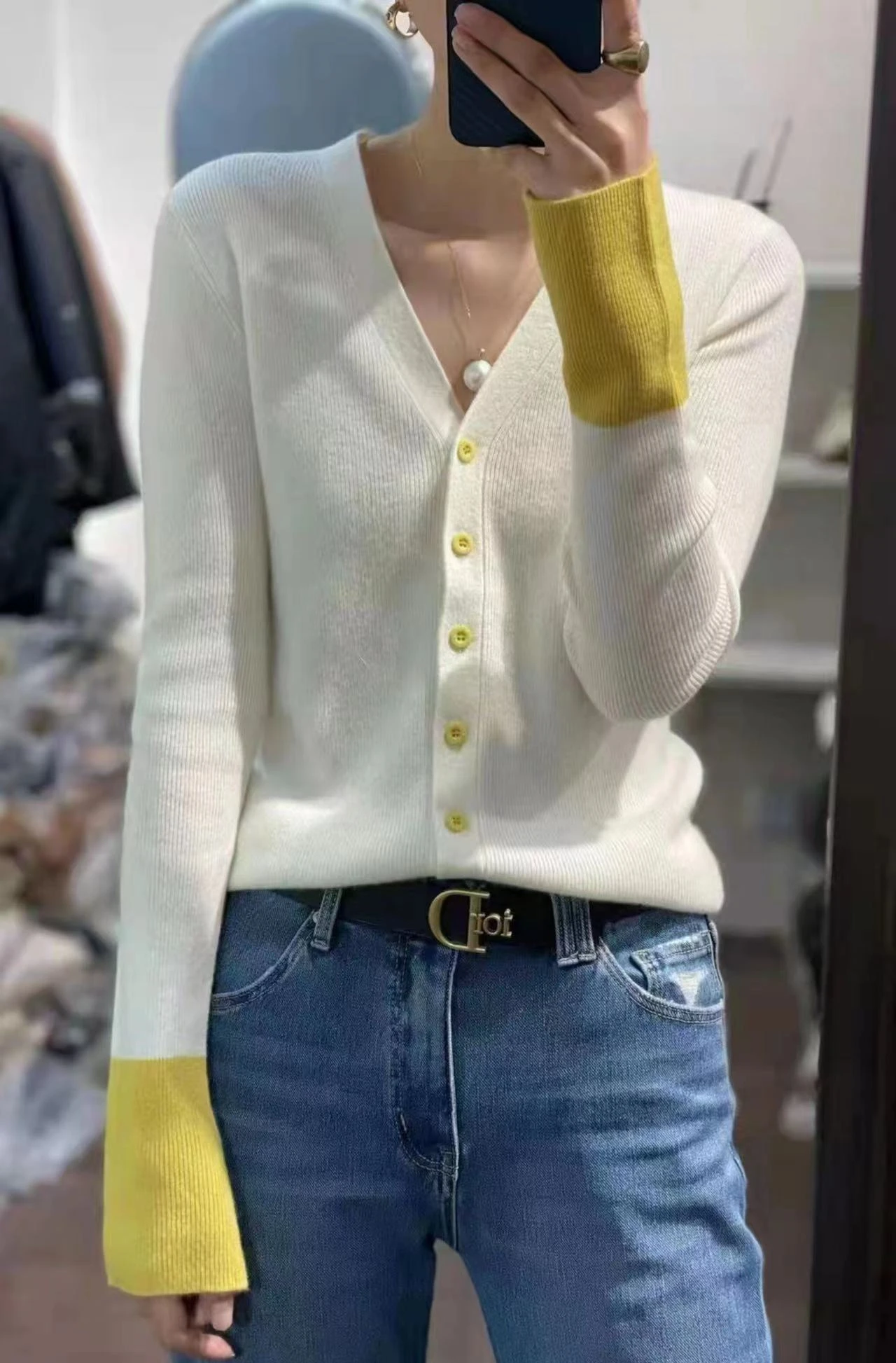 여성용 캐시미어 스웨터 가디건, 플레어 슬리브, 우아한 빈티지, 대비 색상, 니트, 가을, 겨울 아우터