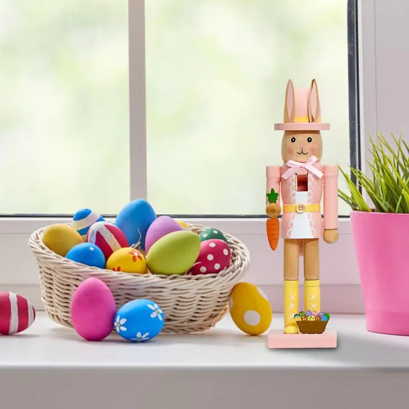 Desk Bunny Nutcracker Statue 12-Inch Wooden Statue Bunny Nutcracker Figure Tabletop Centerpiece Spring Seasonal Decoration