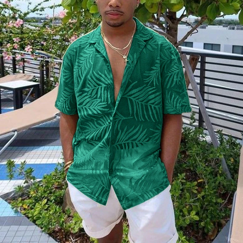 

Рубашка мужская с коротким рукавом, модная уличная одежда с принтом листьев, Повседневная футболка с отложным воротником на пуговицах, Стильные топы для отдыха