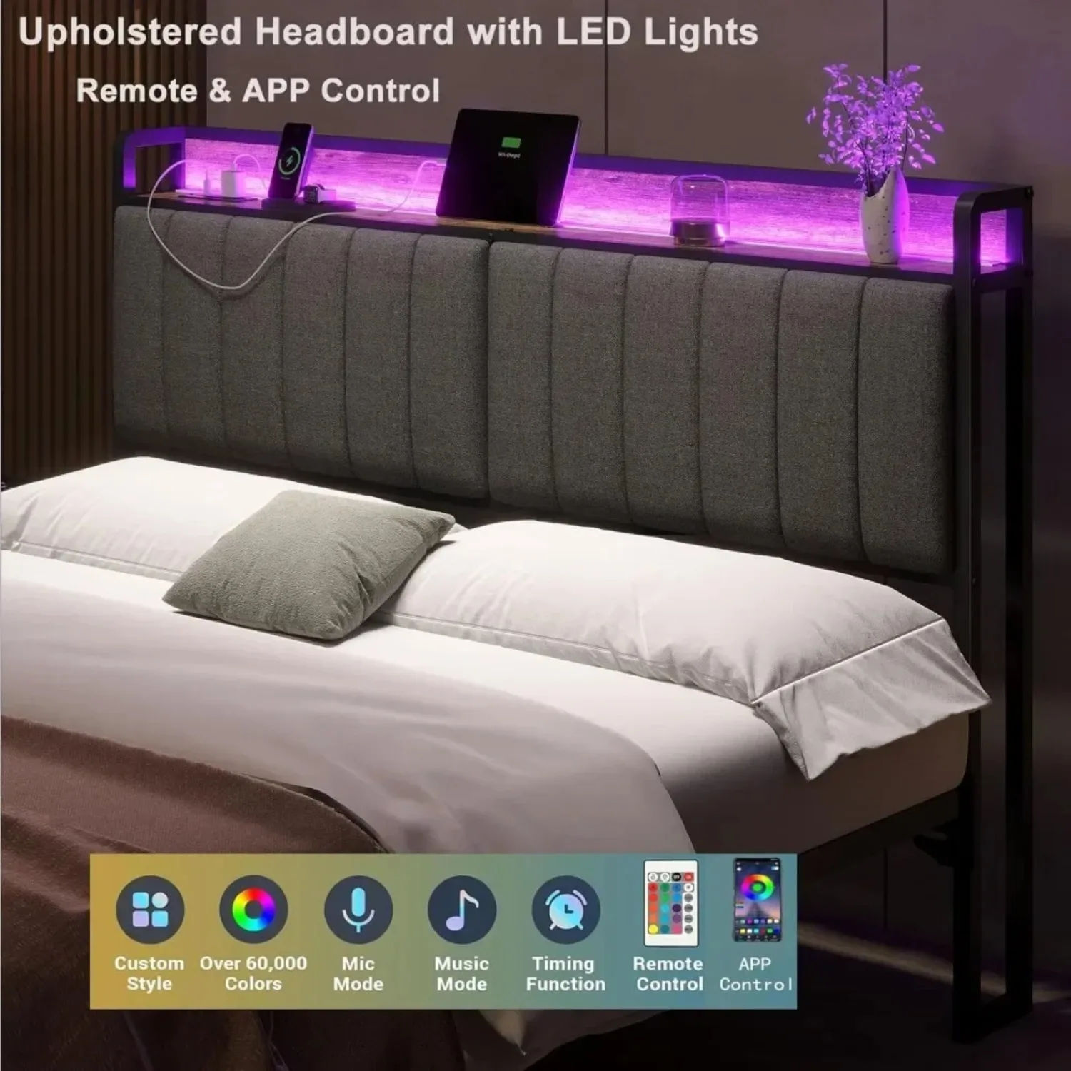 LED King Size Upholstered Headboard with Charging Station, King Storage Headboard Only, Attach Frame Height Adjustable