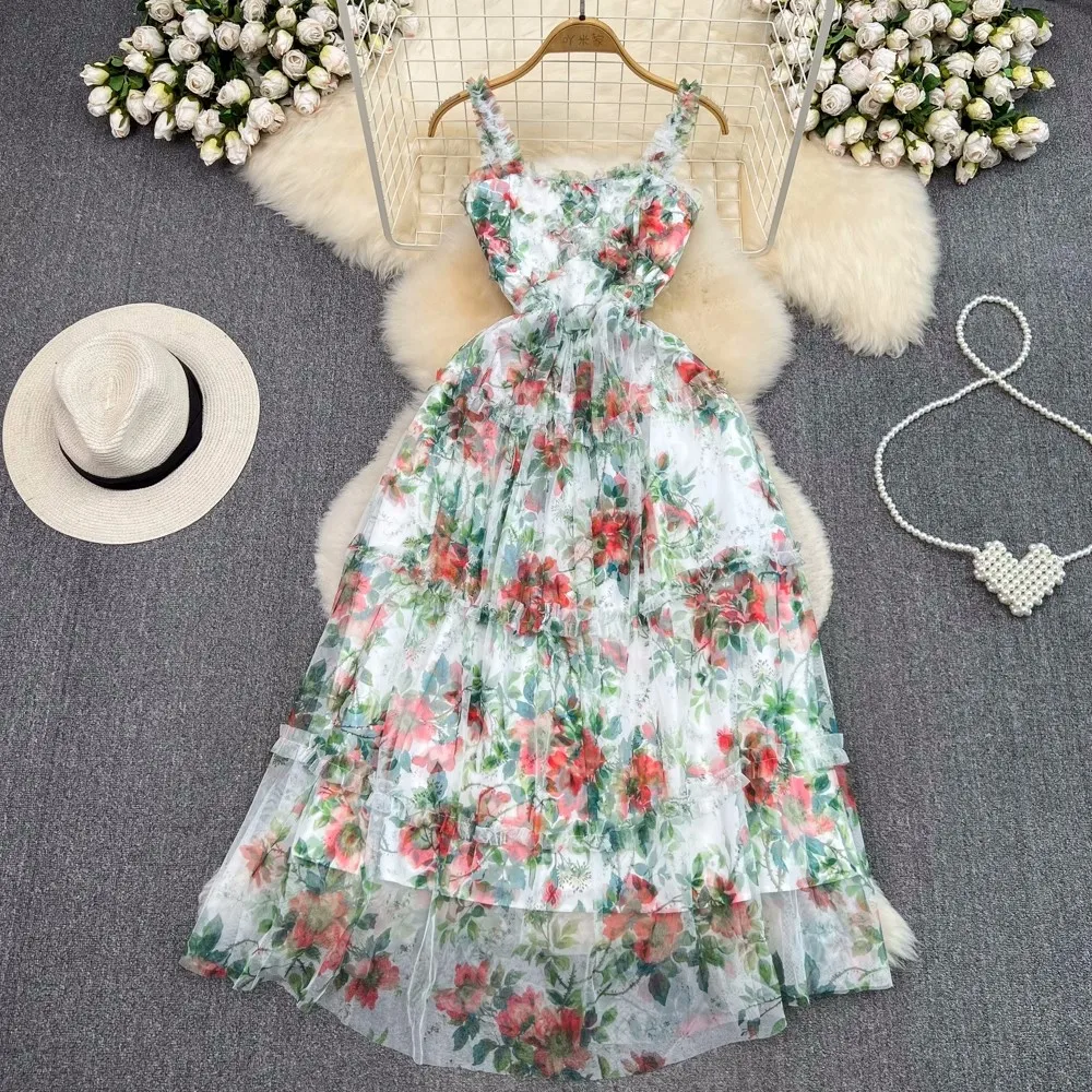 

Luxury Chic 2023 New Summer Beach Holiday Leisure Flower Print Strap Dress Women's Fashion Waist Slim Sleeveless Mesh Ddresses