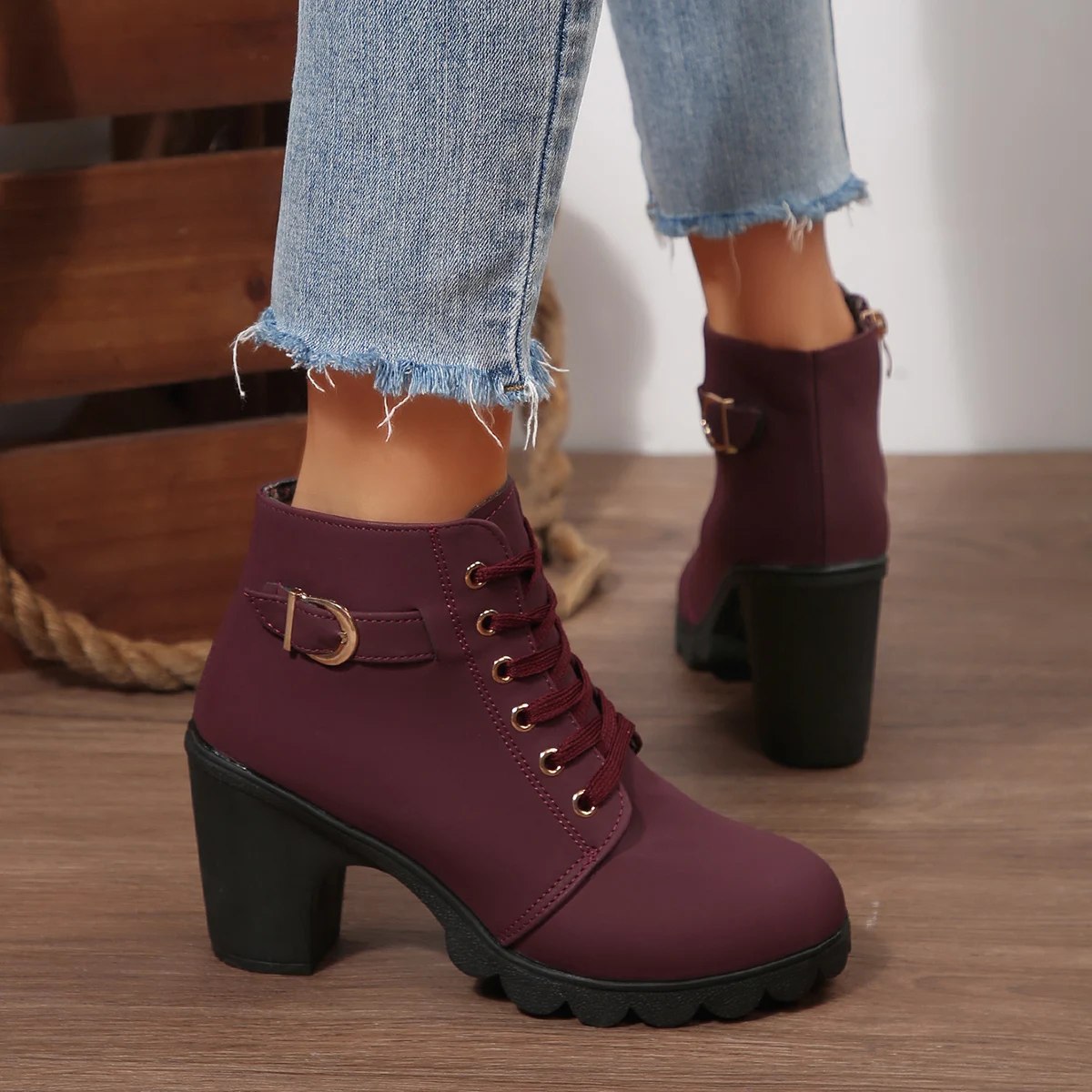 Women's Black Leather Chunky Heel Ankle Boots with Wide Buckle and Side Zipper