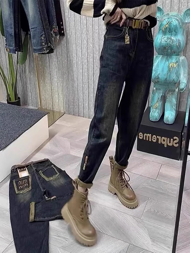 Jeans 2024New Women\'s Jeans Large Size High Waist Lean Elastic Thick Design Retro Fashion Women\'s Pants Harun Pants