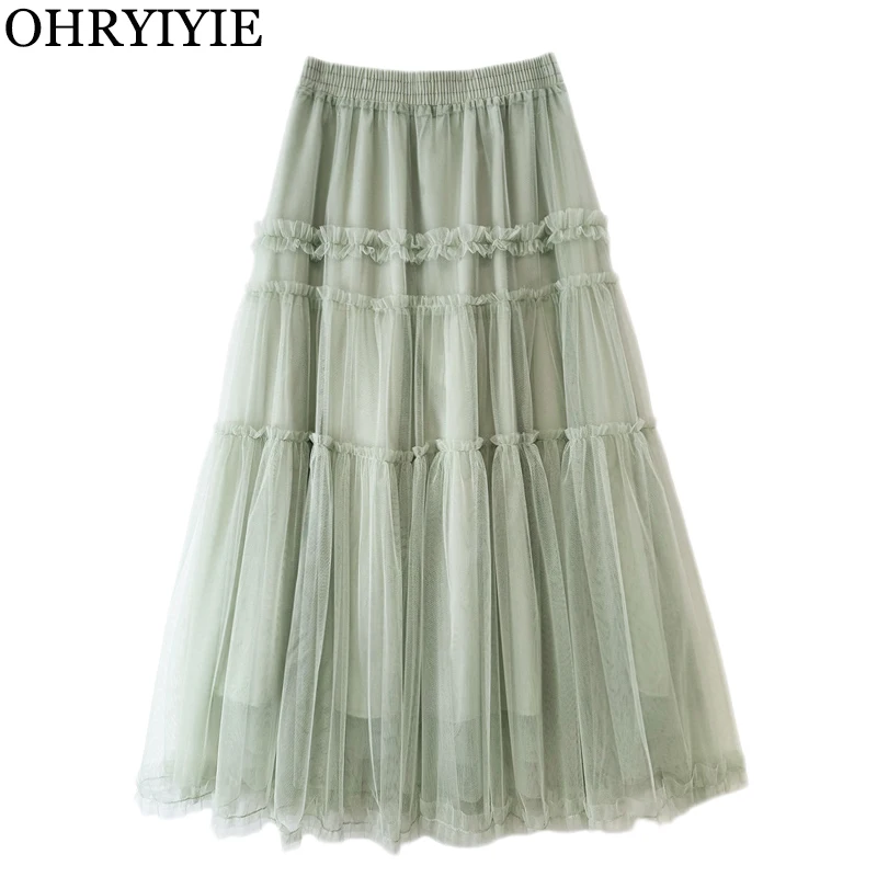 

OHRYIYIE Модная многоуровневая тюлевая юбка, женские зеленые длинные юбки трапециевидной формы, женские повседневные сетчатые длинные юбки-пачки, женская одежда для отпуска