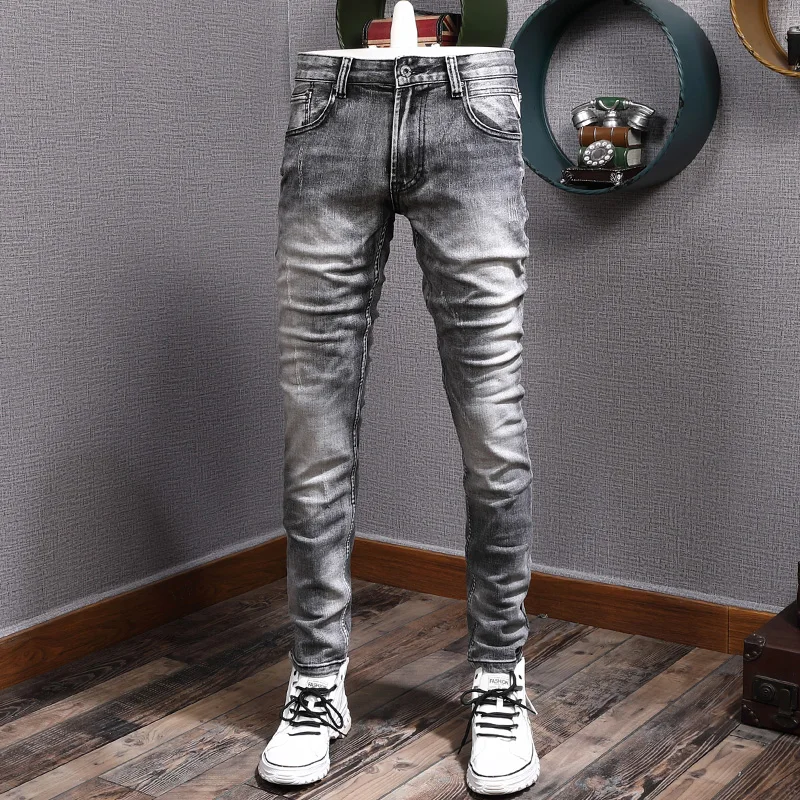 Fashion Designer Men Jeans Retro Gray Elastic Slim Fit Ripped Jeans Men Trousers Italian Style Vintage Casual Denim Pants Hombre