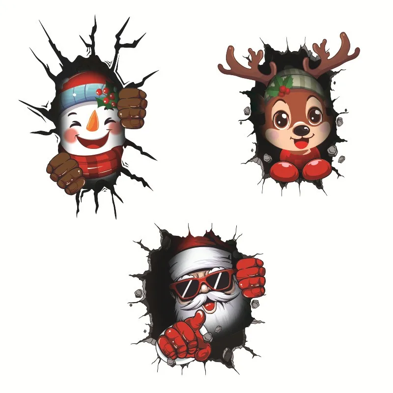 Window Stickers Christmas Decorative Glass Stickers Simulation Crack Gap 3D Santa Claus Elk Snowman Electrostatic