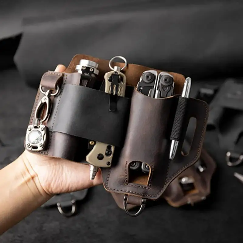 Men Leather EDCs Organizer Sheath EDCs Belt Sheath Pocket Organizer Leather Pouch With Pen Holder For Flashlight Knives Car Key 3