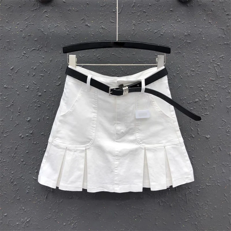 Korean Cotton White Denim Pleated Skirt 2024 Spring  New Product Korean  High Waist Anti glare Wrapped Hip Short Skirt
