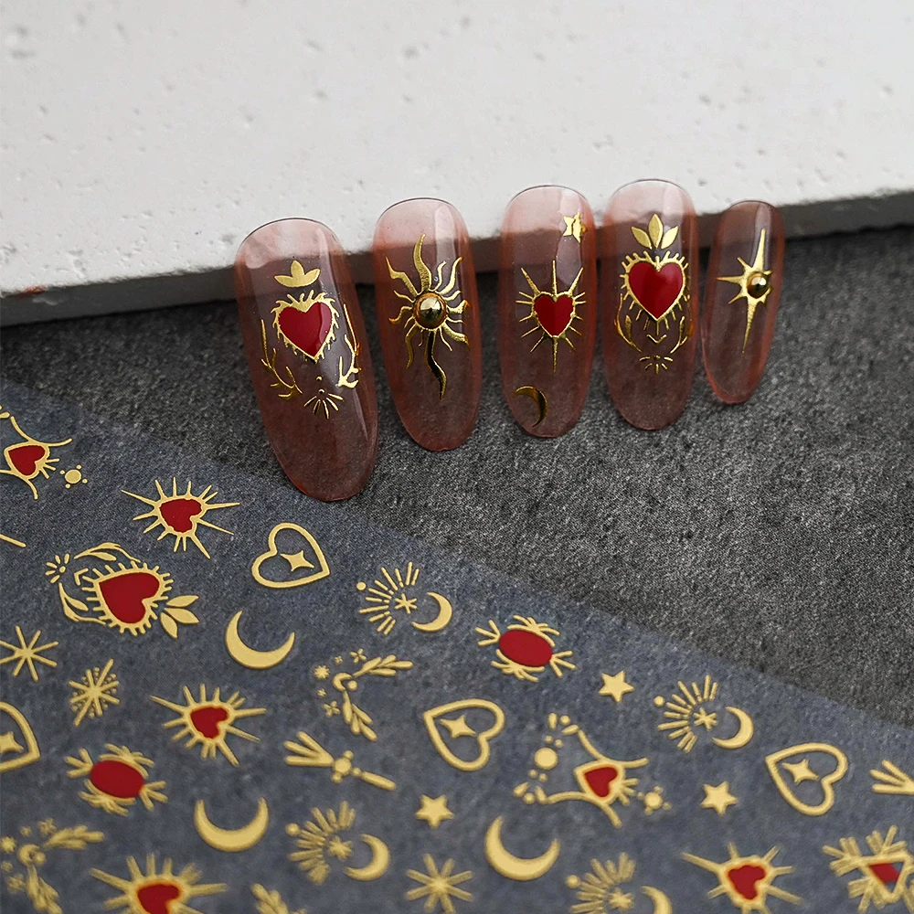 1pcs 3D Bronzing Gold Love Heart Nail Art Stickers Y2K Holographic Stars Sun Sliders Starlight DIY Decals Manicure Decoration 4