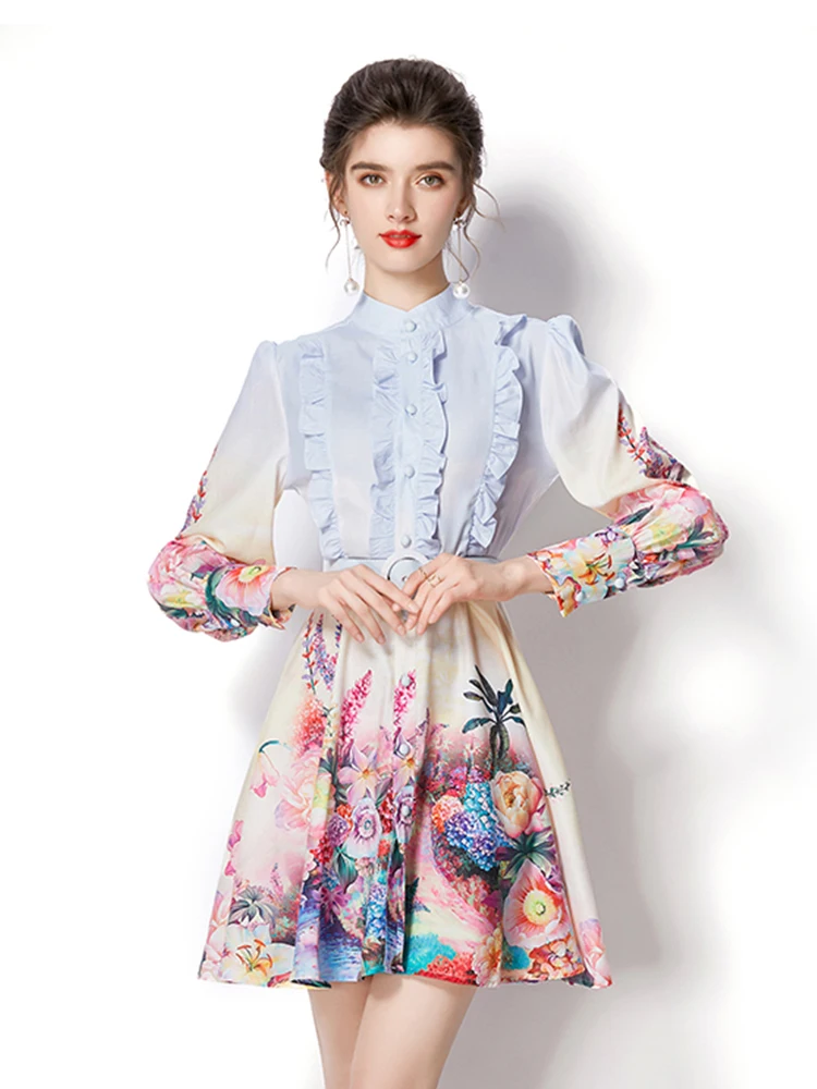 

Banulin Autumn Runway Linen Dress Women's Stand Collar Ruffles Long Lantern Sleeve Chic Floral Print Lace Up Belt Mini Vestidos
